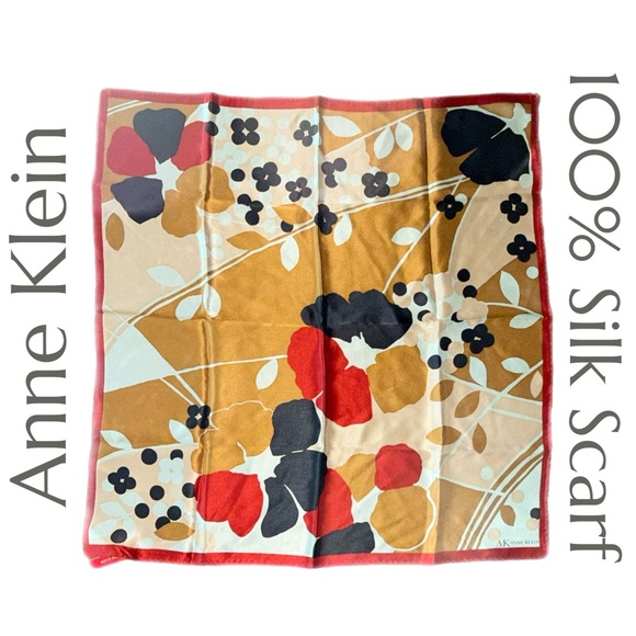 Anne Klein - 100% Silk Scarf - Abstract Floral Print - Red Border - 21” Square - Picture 1 of 6